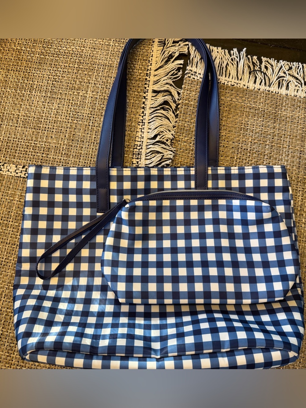 Woman Within Blue and White Gingham Tote Bag with Wristlet